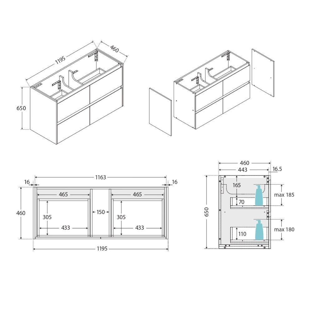 Amato 1200mm Wall Hung Cabinet With Solid Panels - Image 3