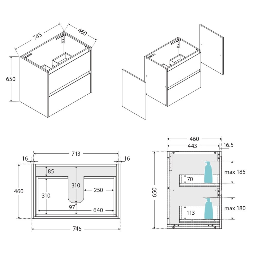 Amato 750mm Wall Hung Cabinet With Solid Panels - Image 3