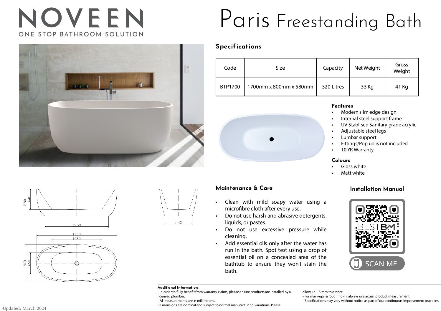 Paris Freestanding Bathtub in Matt White: BTP1700MW - Image 2