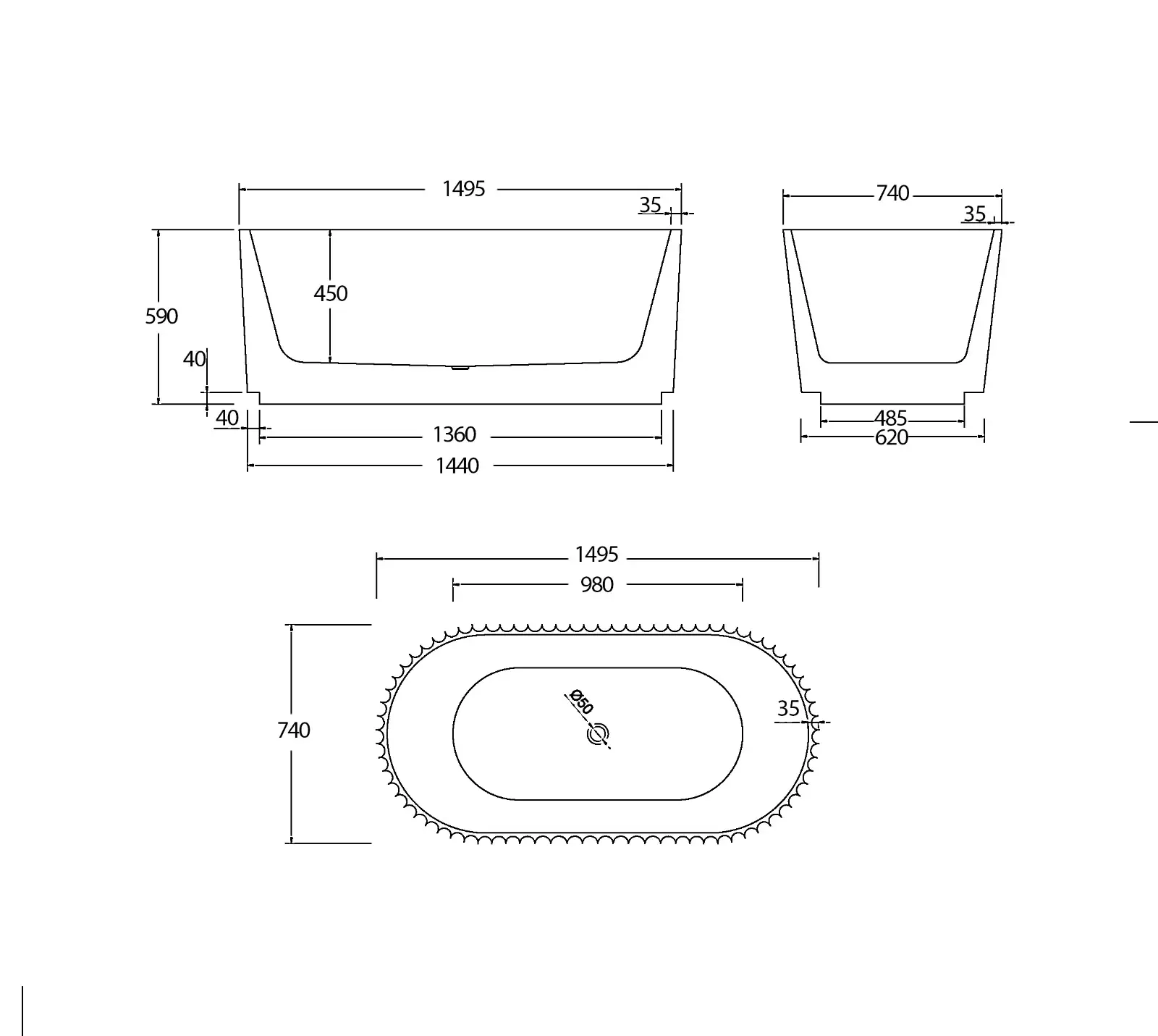 Cairo Freestanding Bathtub BTC1500 - White - Image 3