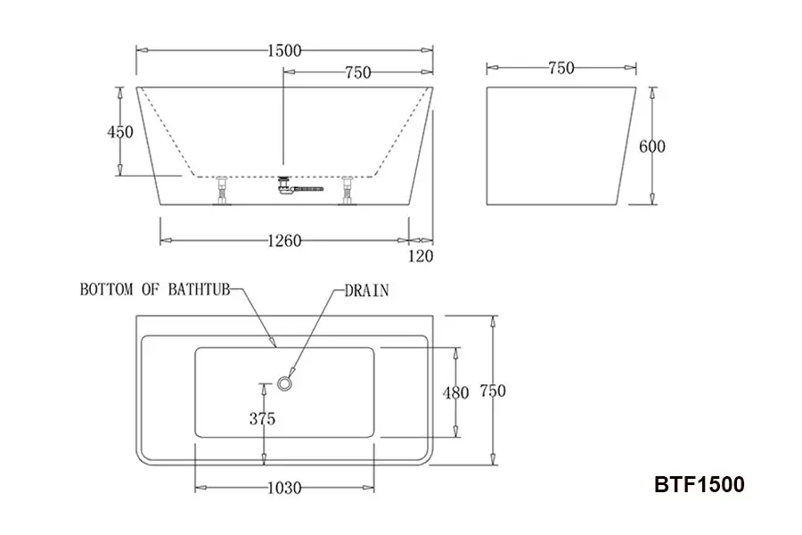 Florence Acrylic Back To Wall Bathtub In 295L - Black BTF1500 - Image 2