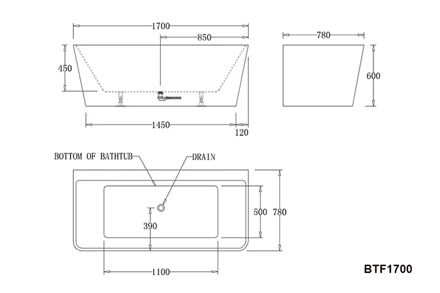 Florence Acrylic Back To Wall Bathtub In 345L - Black BTF1700 - Image 2