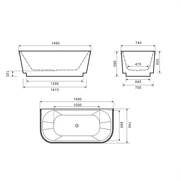 Havana Back To Wall Bathtub BTH1500 - White - Image 3