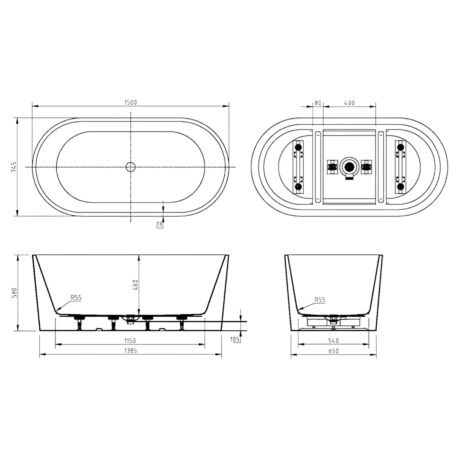 Prato Freestanding Bathtub Matte White - BTA1500MW - Image 2