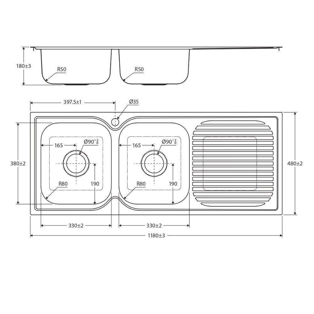 Tiva 1180 Kitchen Sink With Double Bowl & Drainer, Left and Right Hand side, Polished Stainless Steel - Image 4