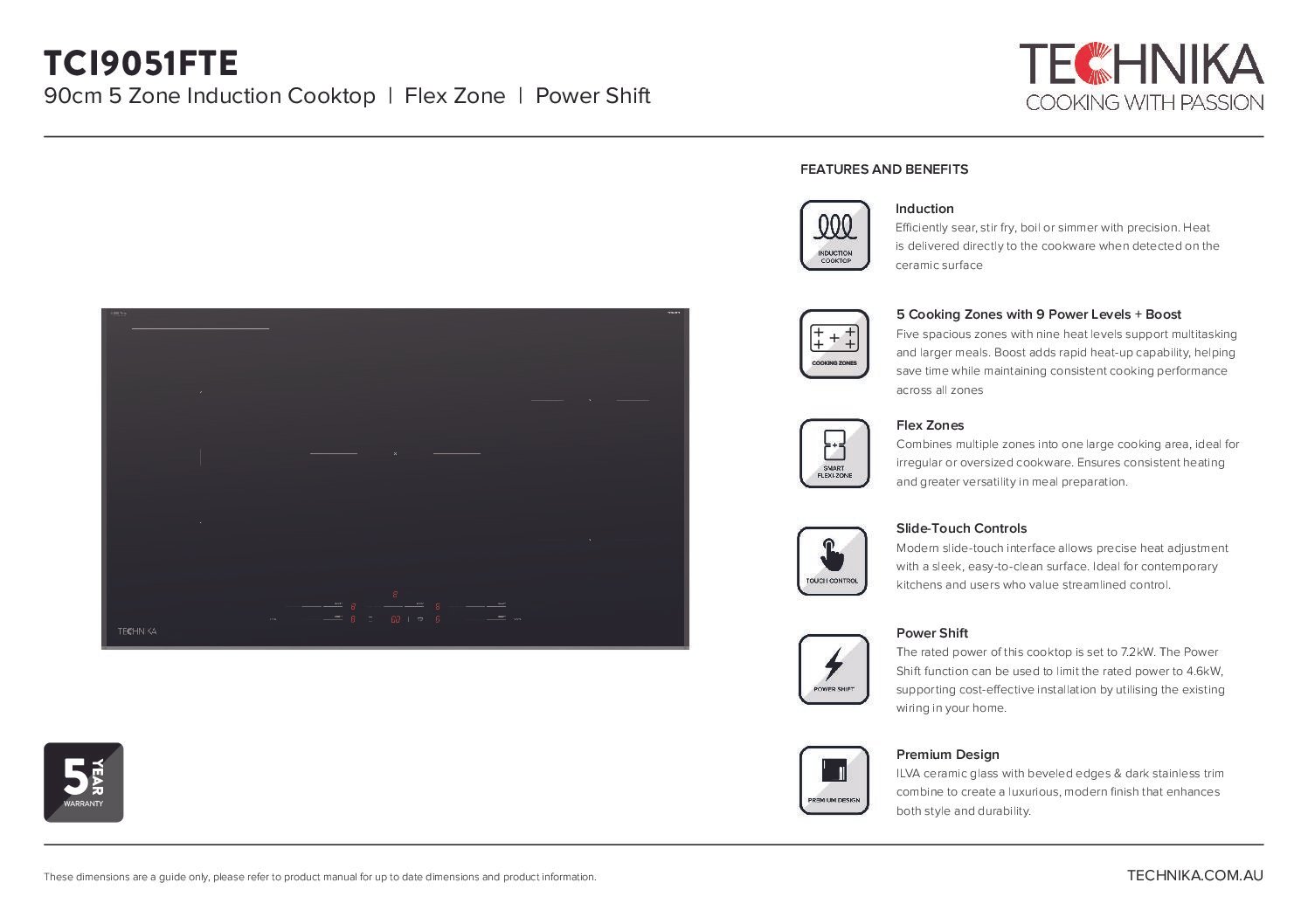 90cm 5 Zone Induction Cooktop Flex Zone Power Shift-TCI9051FTE - Image 2