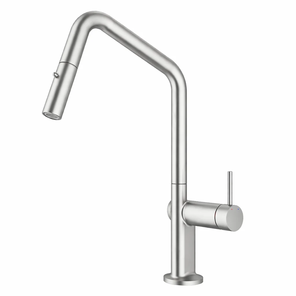 Gooseneck Angle Brushed Nickel Pull Out Kitchen Mixer