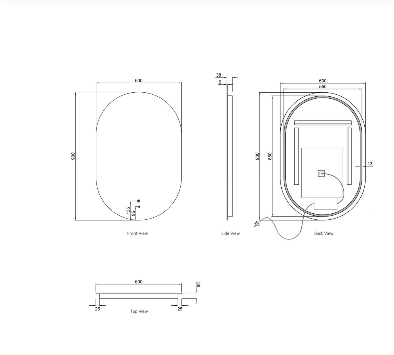 LED NOOSA 900(H)X600(W) FRAMELESS TUFFI MIRROR - INSTALL HORIZONTAL OR VERTICAL LED-OV9060 - Image 2