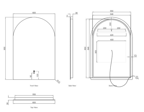 LED Archie 900(H)x600(W) Frameless Tuffi Mirror - Image 2